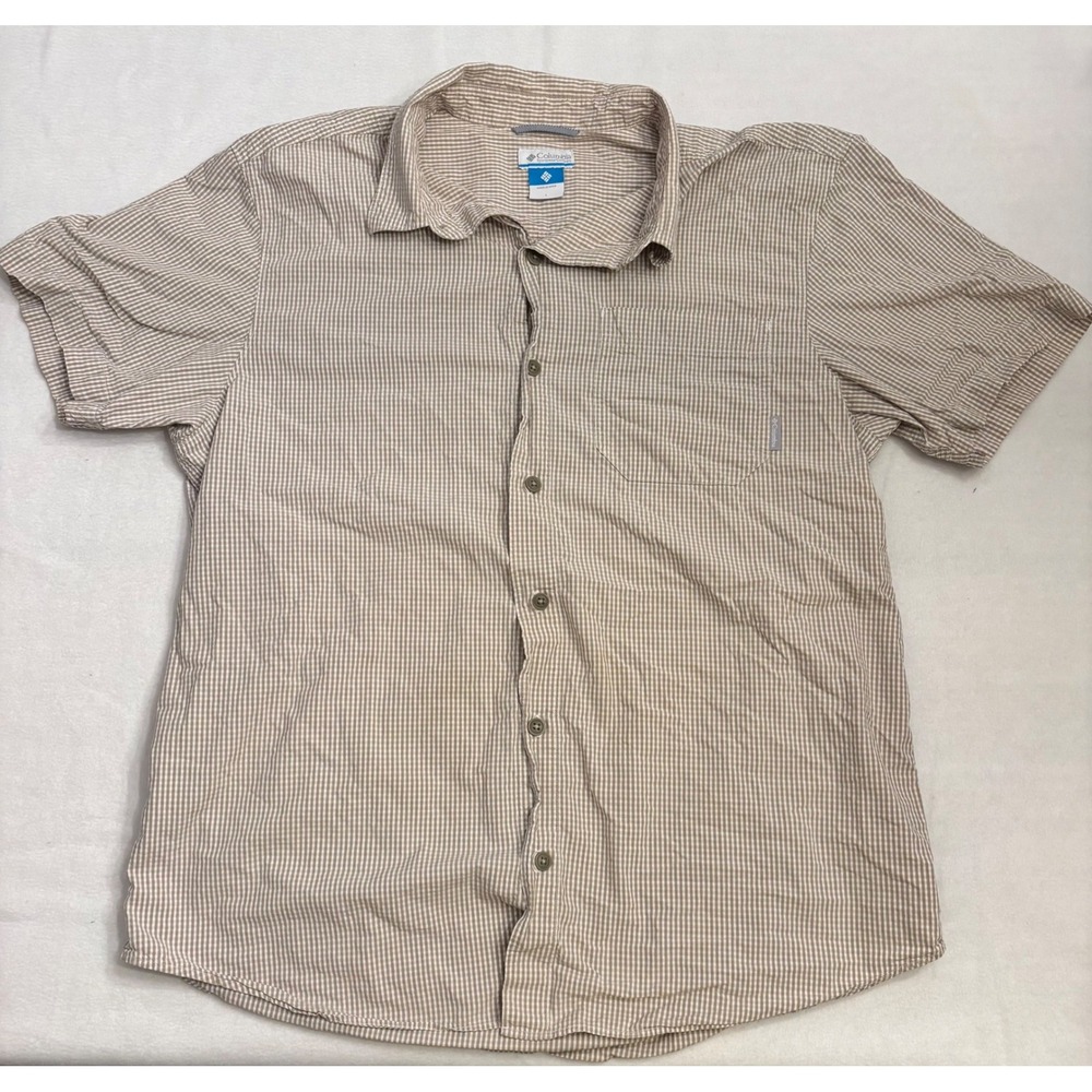 Columbia Womens Large Tan Gingham Short Sleeve Button Up Hiking Shirt Pockets